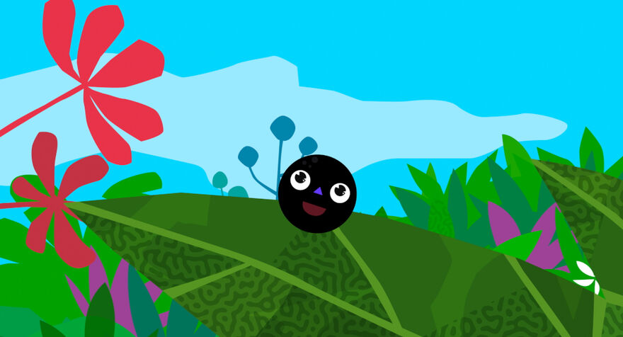 A small round figure smiles as it looks at the colorful landscape surrounding it