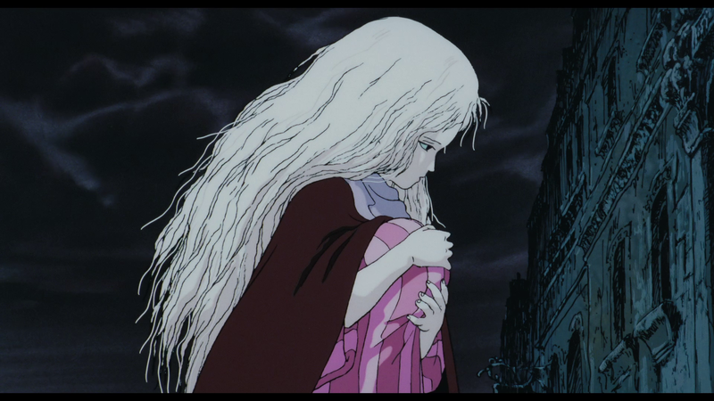 Anime still of a girl with long white hair hugging an eg wrapped in fabric