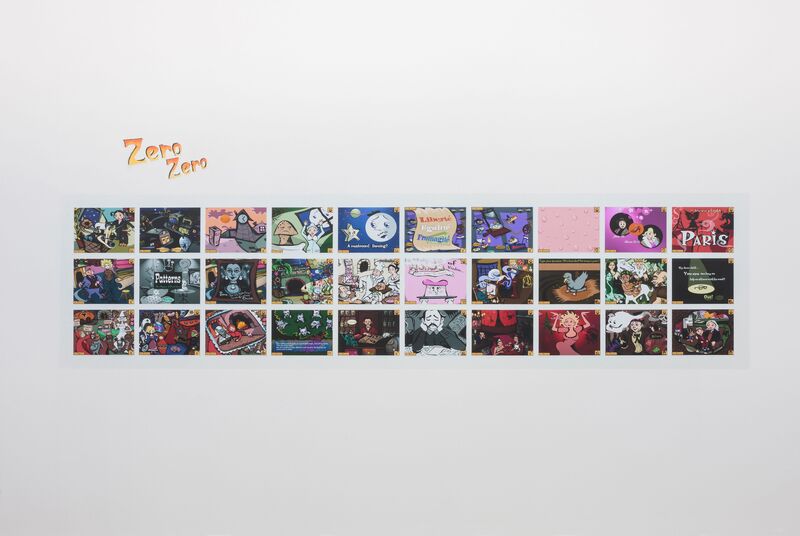 Postcard size illustrations on a white wall show the storyboard from Theresa Duncan's video game 'Zero Zero'. The drawings are colourful and drawn with a computer.