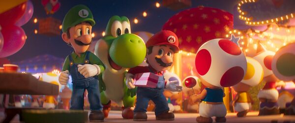 Luigi, Mario and dinosaur Yoshi meet cute little character Toad in The Super Mario Galaxy Movie.