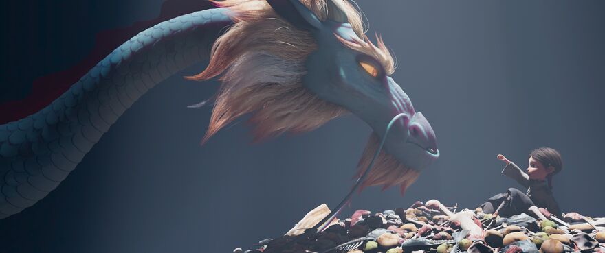 A little girl looks at a large dragon from Chinese mythology