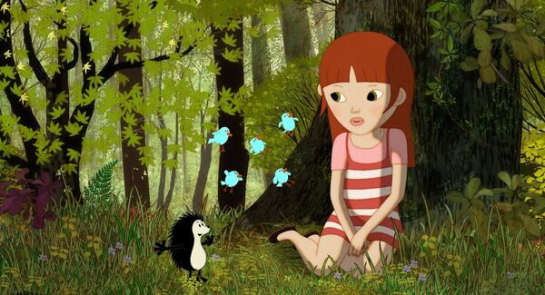 Animation still – a girl sits in a forest and talks to a hedgehog