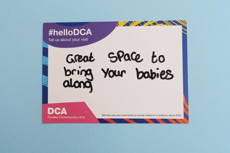 Handwritten feedback card: 'Great space to bring your babies along.'
