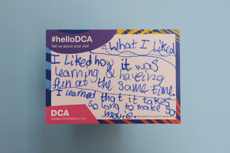 Handwritten feedback card: I liked how it was learning and having fun at the same time. I learned that it takes so long to make a movie
