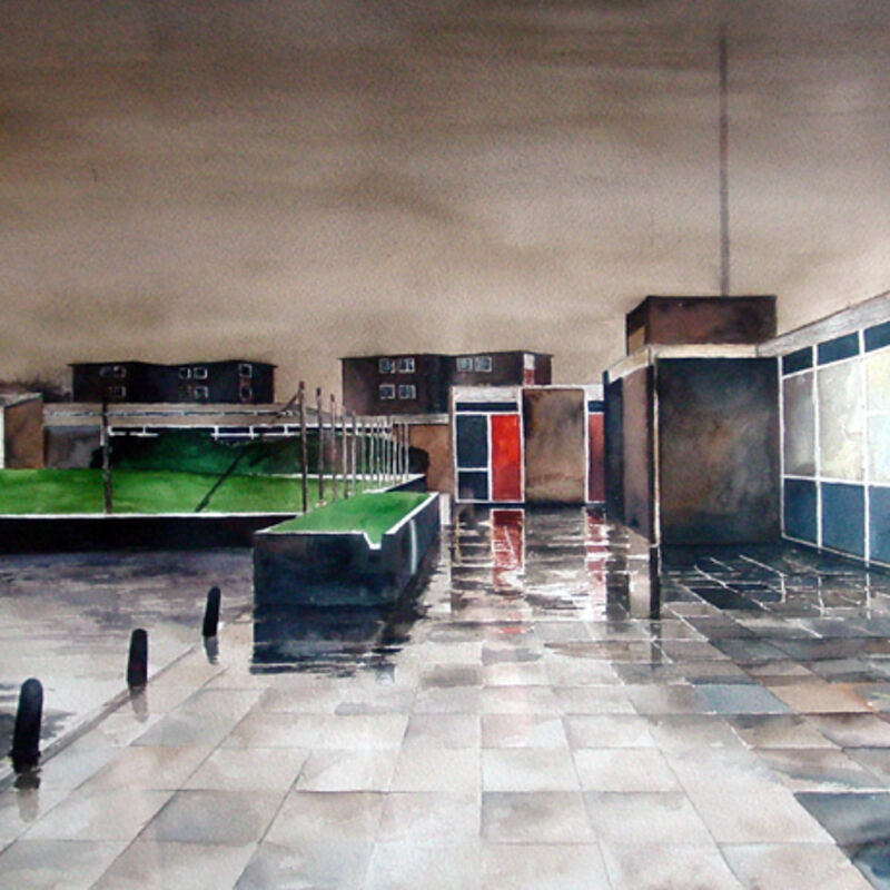 From George Shaw's exhibition. a painting of a brutalist shopping square in the rain. 