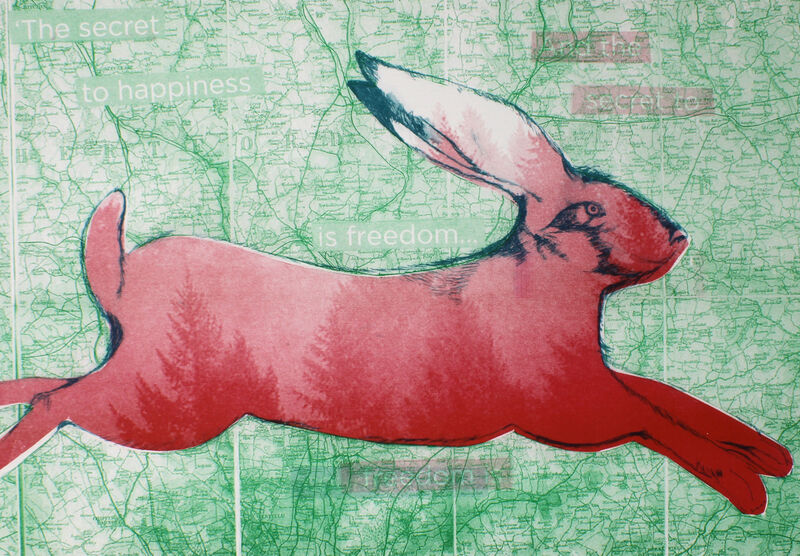 Riso print of a red rabbit agains a green map