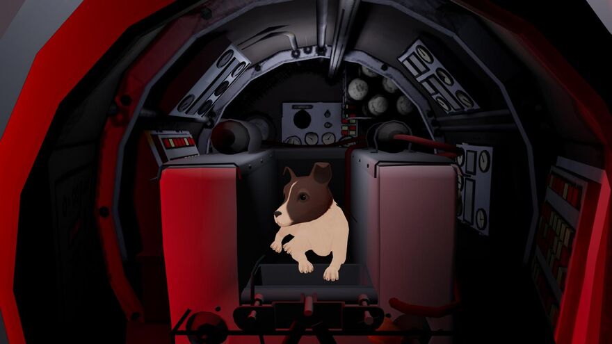A still from the VR film Laika shows Laika, a Jack Russell, sitting in a rocket.