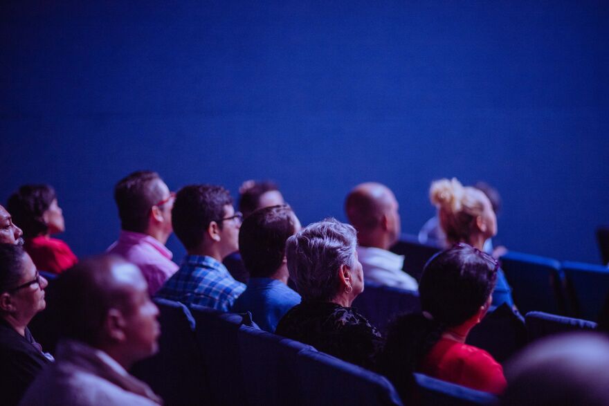 audience watching a film in the cinema from behind