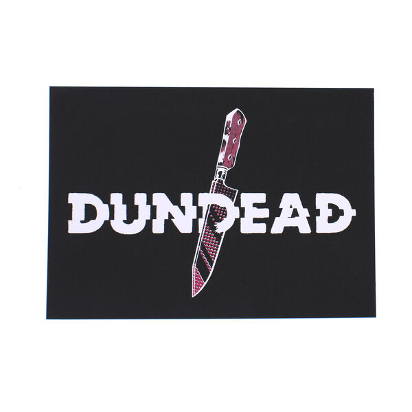 Landscape print of white Dundead logo on black background with knife slashing through the central D. The knife features a pink pattern