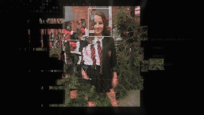 A digitally altered collage photo of a schoolgirl smiling