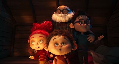 Claymation animation of three kids and an older bearded man, looking in awe. the background is dark. 