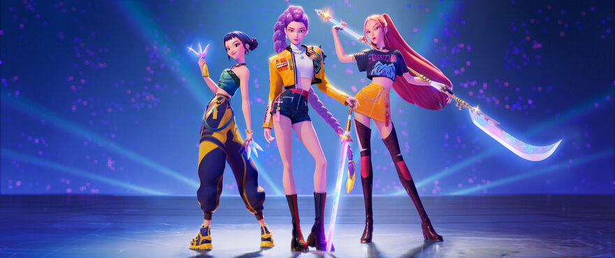 Three animated girls with colourful hair look at the camera