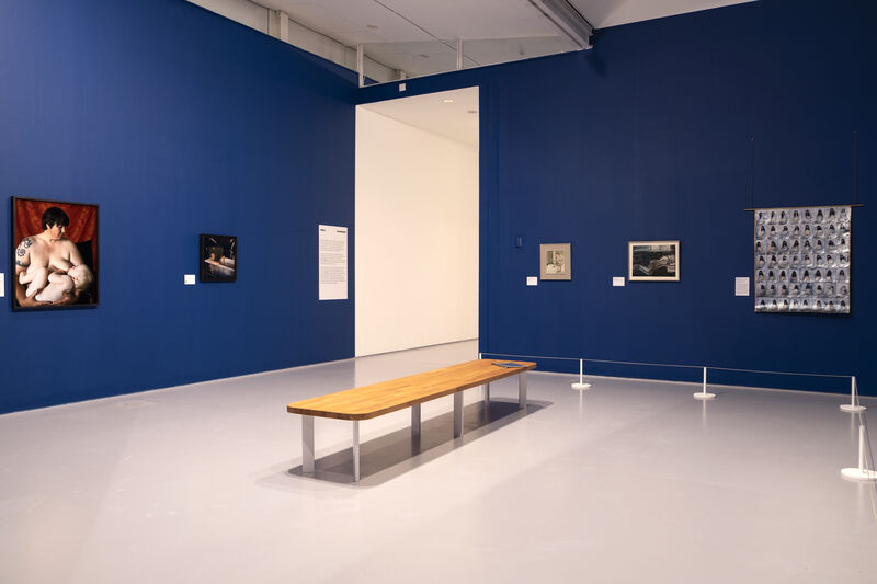 A blue gallery wall featuring large images on the wall 