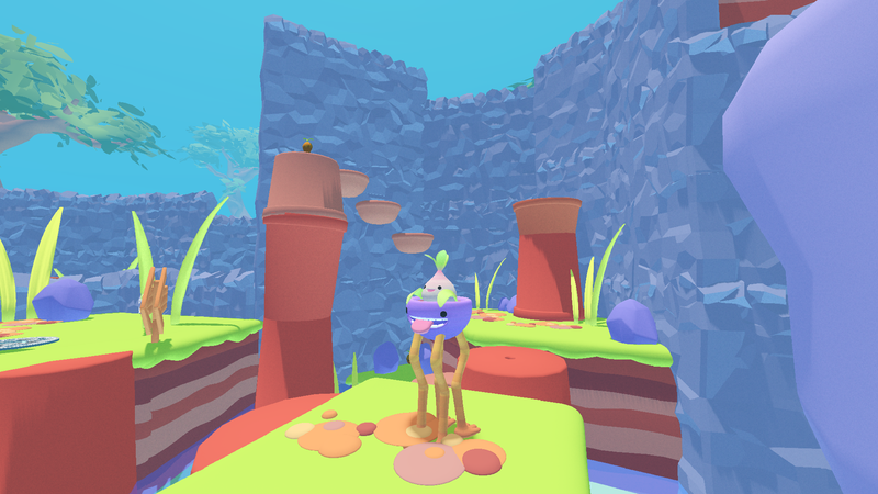 A screenshot from the game Sproot. A little sapling smiles, sitting in a flower pot. They are in a 3D world, with floating platforms with grass on them.