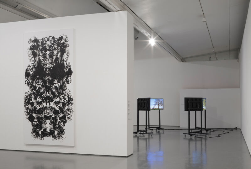 The photograph shows a large drawing akin to a Rorschach print on a wall to the left. To the right, further back into the gallery we can see 4 free standing monitors facing into each other. 