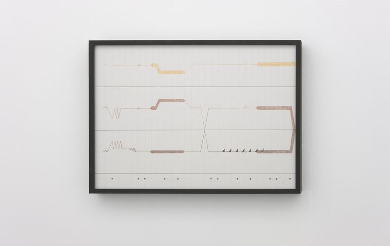 From Cara Tolmie's exhibition. A framed picture shows geometric lines drawn with felt-tip. 