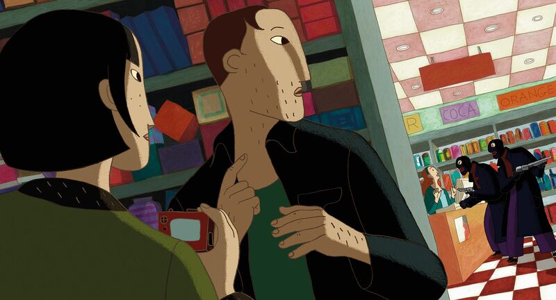 An animation still shows two people watching as masked burglars rob a shop at gunpoint