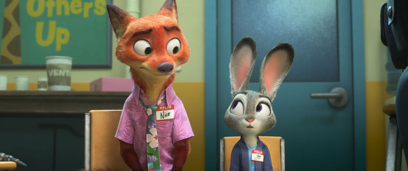 An animated fox and rabbit sit next to each other in a meeting