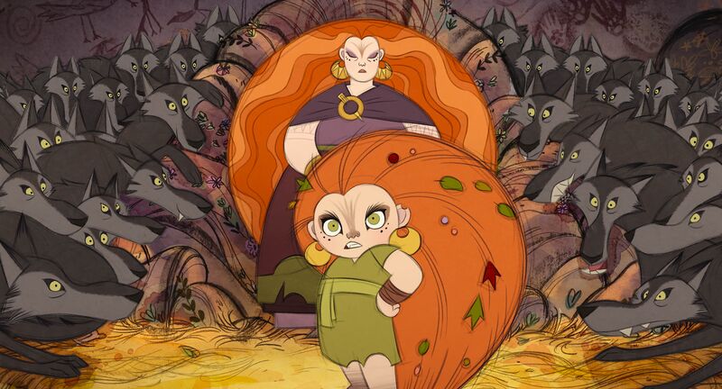 Animated still: Two people with long ginger hair stand surrounded by wolves.