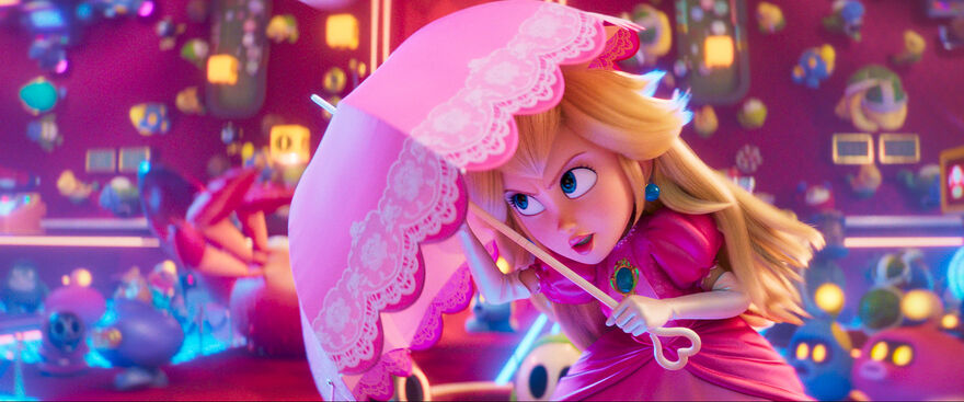 Princess Peach from the Super Mario Galaxy movie, holds a pink umbrella defensively.