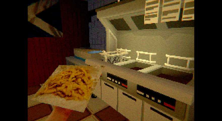POV: You are taking a tray of chips towards a fryer