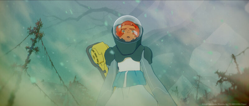 An anime still shows a person with red hair wearing a space suit, walking through a misty envrionment