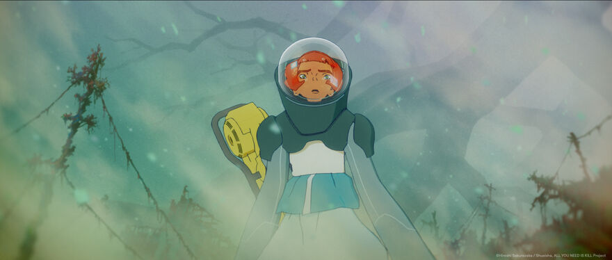 An anime still shows a person with red hair wearing a space suit, walking through a misty envrionment