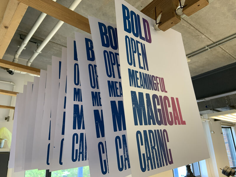 Letterpress prints hanging up to dry in DCA Print Studio