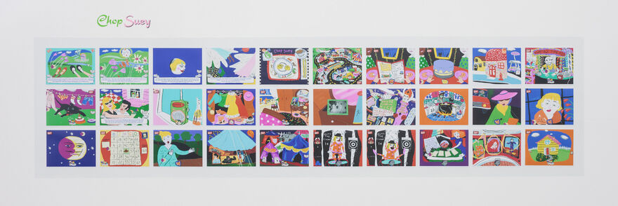 Postcard size illustrations on a white wall show the storyboard from Theresa Duncan's video game 'Chop Suey'. The drawings are colourful and drawn with a computer.
