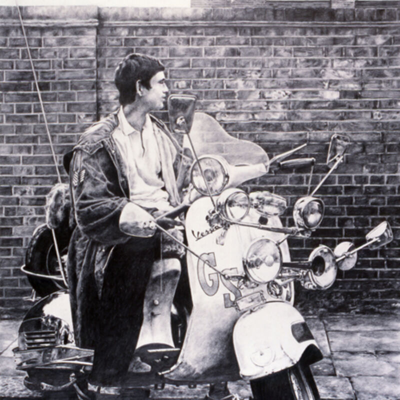 An image from George Shaw's exhibition in DCA how's a man dressed in a mod style on a moped. 