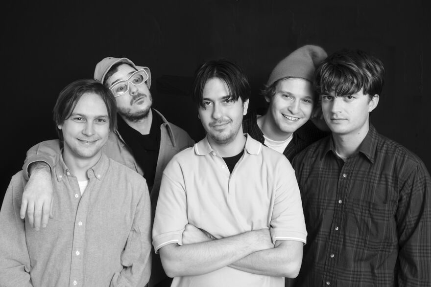 A black-and-white photograph of the band Pavement
