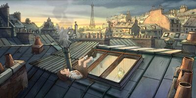 A hand-drawn animated still shows a little boy lying on the roof of a Parisian apartment, looking at the sky.