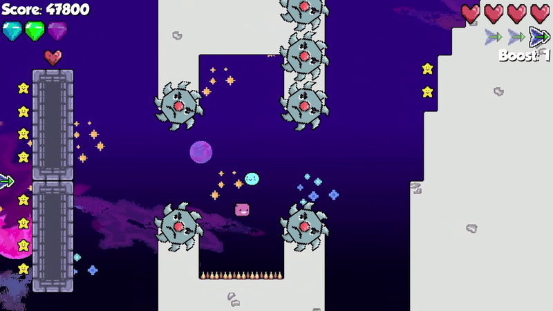 A screenshot of the game Boingo. A little blue circle speeds through platforming challenges, across grey platforms with spikes. The background is dark with planets and stars.