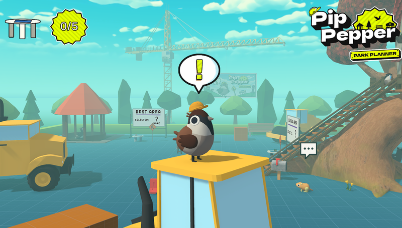A screen grab from Pip Pepper Park Planner, a little bird wearing a hard hat sits in a construction site.