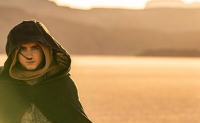 A young man with a hood and a breathing tube in his nose stands in the desert