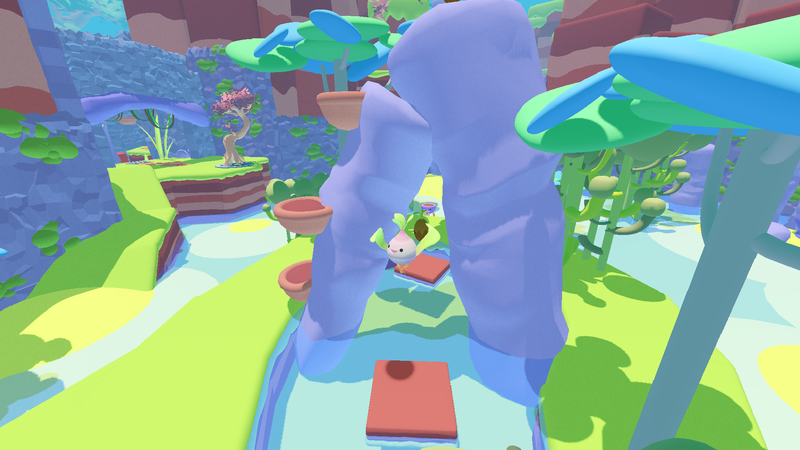 A screen grab from the game Sproot. A little smiling sapling dances through a brightly coloured 3D world.