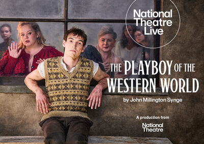 The poster for the play NT Live: The Playboy of the Western World shows a man leaning against a windowsill while women peer in at him