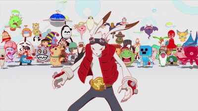 An anime still shows a white rabbit wearing a jacket standing with a group of colourful cartoon characters