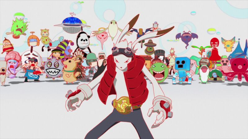 An anime still shows a white rabbit wearing a jacket standing with a group of colourful cartoon characters