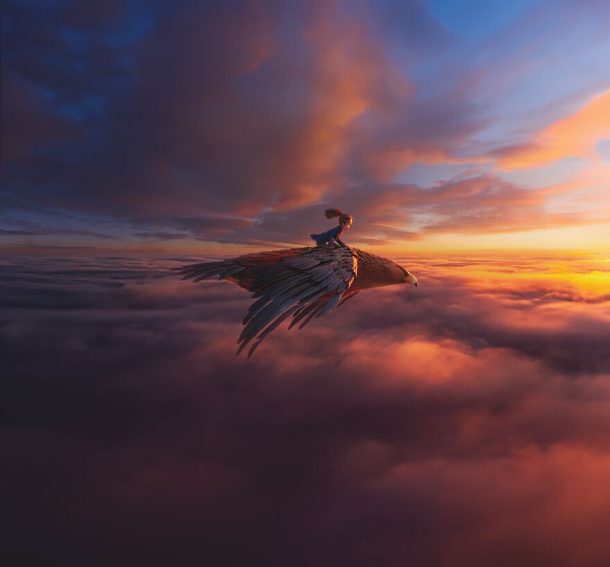 A young woman rides a giant eagle in this stop-motion animation film