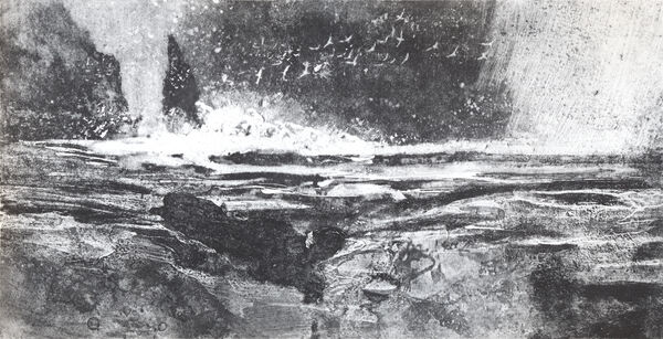 Etching of a cliff lines shore during a storm