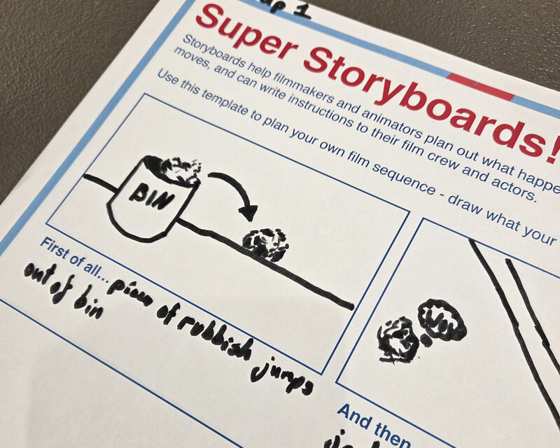 Storyboard worksheet with drawing of a piece of rubbish out