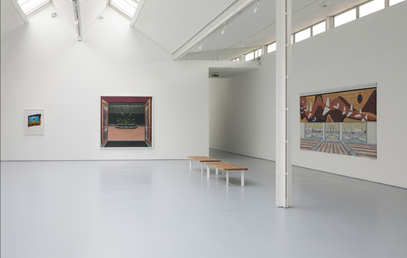 An installation photograph of gallery two, showing three works of art, and two benches placed in front of the largest painting which is on the left hand wall. 