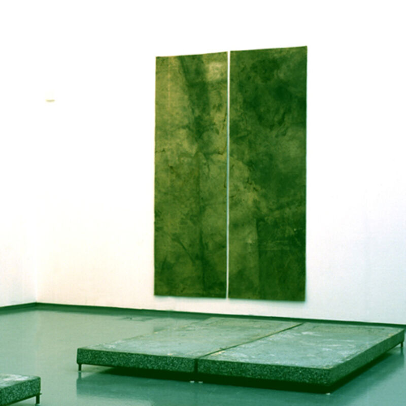 From Miroslaw Balka's exhibition at DCA. A forest green, textured canvas hangs on the white walls. The floors are green and there is a green platform on the floor. 