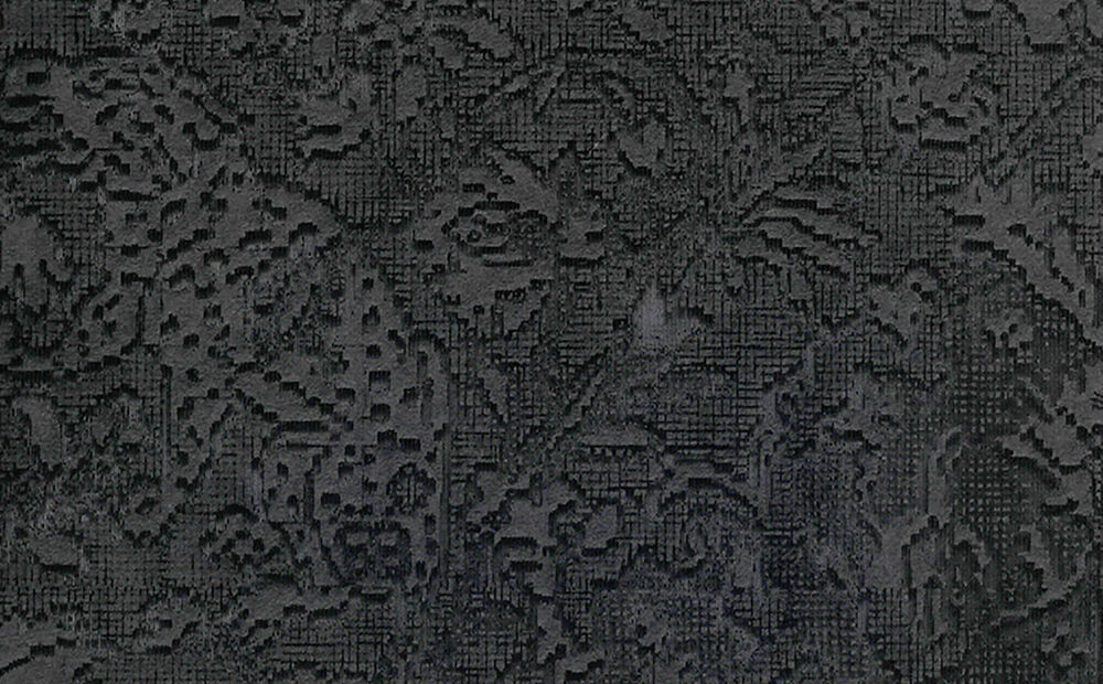 Detail of laser etched edition Afterfeather: Caspian Tiger showing a tiger in amongst a floral design