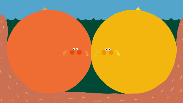 Two cute round pufferfish in an animated story
