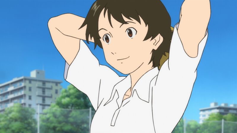 An anime still of a young girl wearing a white shirt standing outside.