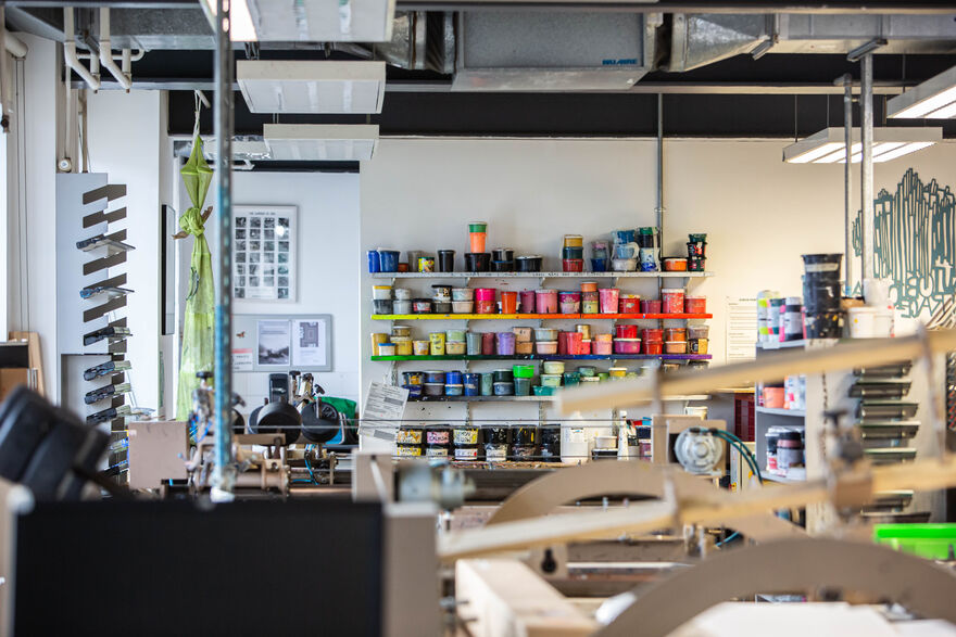 View of inks on a shelf in DCA Print Studio