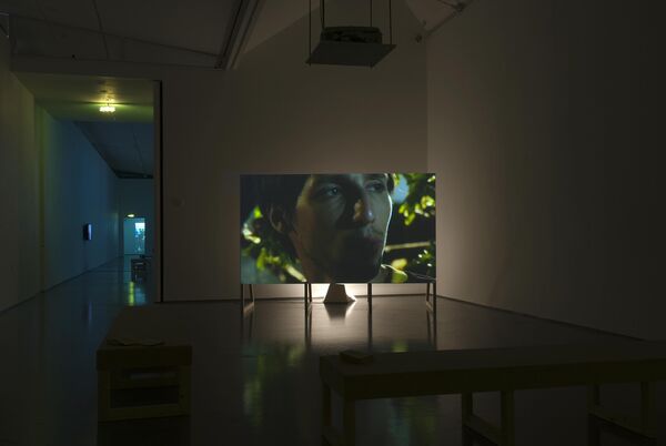 From Johanna Billing's exhibition in DCA. A large television screen shows a close-up image of a person outside, behind some green leaves. DCA Galleries is lit with very low lighting.