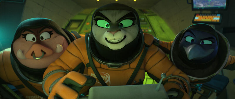 Three animals wearing orange space suits smile in an evil manner.